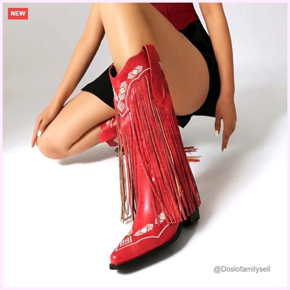 Embroidered Fringe Cowboy Boots, Pull On Mid Calf Chunky Heel Pointed Toe - Picture 2 of 7